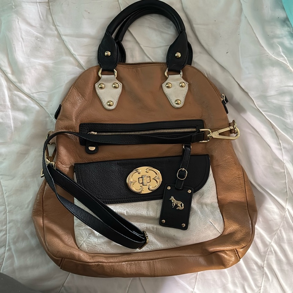 Emma Fox Tri-color Tan/White and Black Pebble Leather Crossbody Hobo Tote Bag